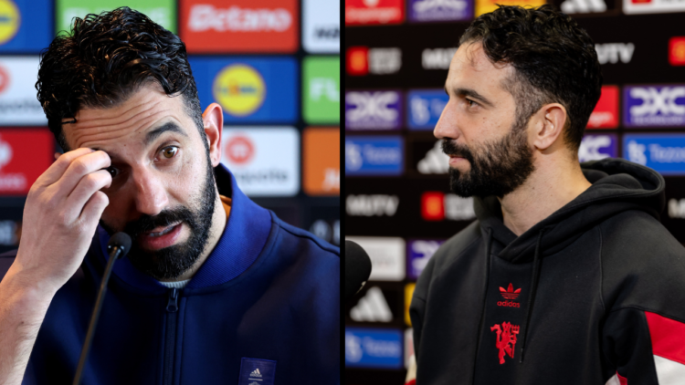 Ruben Amorim, Manager of Manchester United, looks on as he speaks to the media during the UEFA Europa League 2024/25 Round of 16 press conference a...