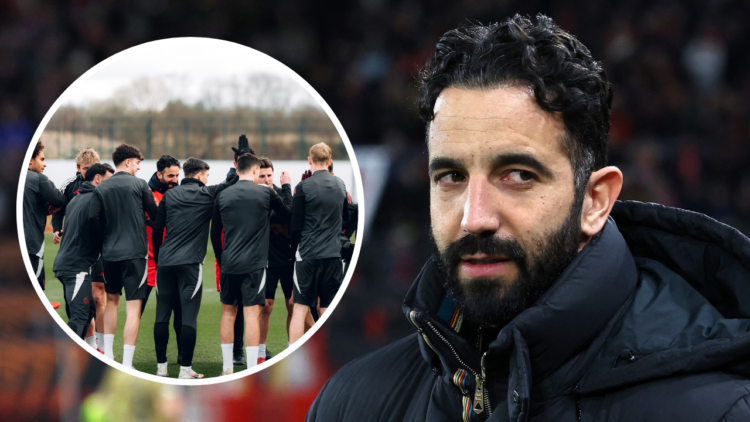 Manchester United's Portuguese head coach Ruben Amorim reacts ahead of the UEFA Europa League Last 16 Second Leg football match between Manchester ...