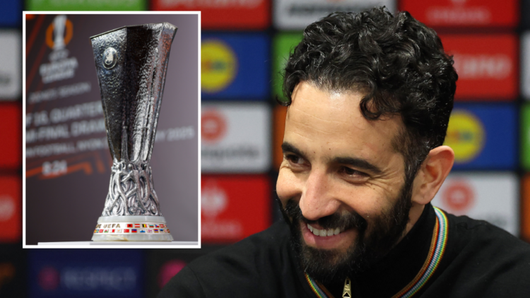 Manchester United manager Ruben Amorim speaks to the media following the UEFA Europa League 2024/25 Round of 16 Second Leg match between Manchester...