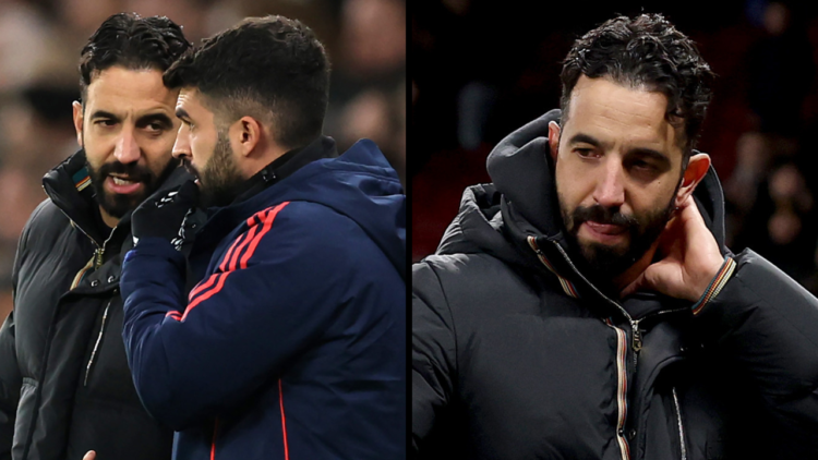 LONDON, ENGLAND - DECEMBER 19: Ruben Amorim Manager / Head Coach of Manchester United speaks with assistant coach Carlos Fernandes during the Carab...