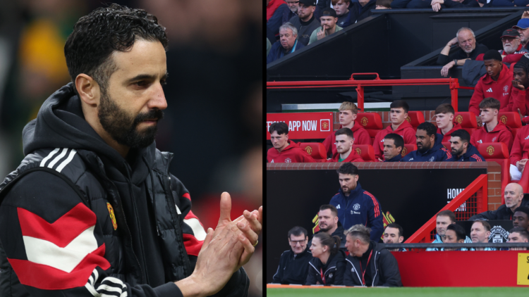 MANCHESTER, ENGLAND - MARCH 09: The substitutes bench of Manchester United watch on during the Premier League match between Manchester United FC an...
