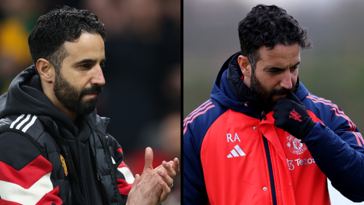 Ruben Amorim, Manager of Manchester United, looks on during the UEFA Europa League 2024/25 Round of 16 training session at Carrington Training Grou...