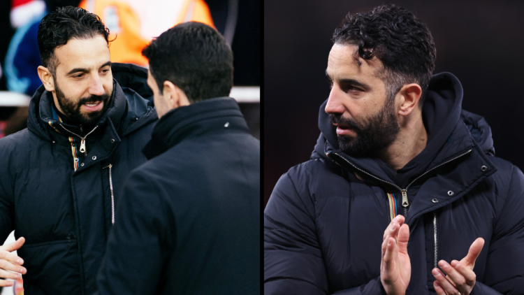 LONDON, ENGLAND - JANUARY 12: Ruben Amorim, Manager of Manchester United interacts with Mikel Arteta, Manager of Arsenal prior to the Emirates FA C...