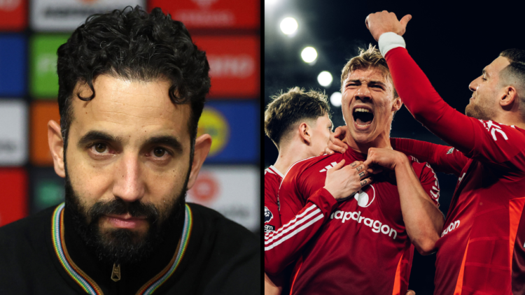 Manchester United manager Ruben Amorim speaks to the media following the UEFA Europa League 2024/25 Round of 16 Second Leg match between Manchester...