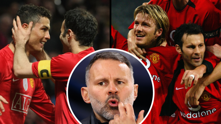 Manchester United players David Beckham, Roy Keane and John O'Shea celebrate team-mate Ryan Giggs superb second goal during the UEFA Champions Leag...