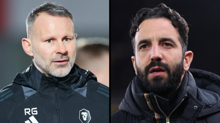 Salford City coach Ryan Giggs during the EFL League Two match between Salford City and Bromley at the Peninsula Stadium. Insert: Ruben Amorim the m...