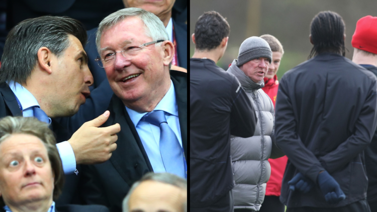 Former Manchester United manager Sir Alex Ferguson (R) talks during the UEFA Europa League Final match between FC Dnipro Dnipropetrovsk and FC Sevi...