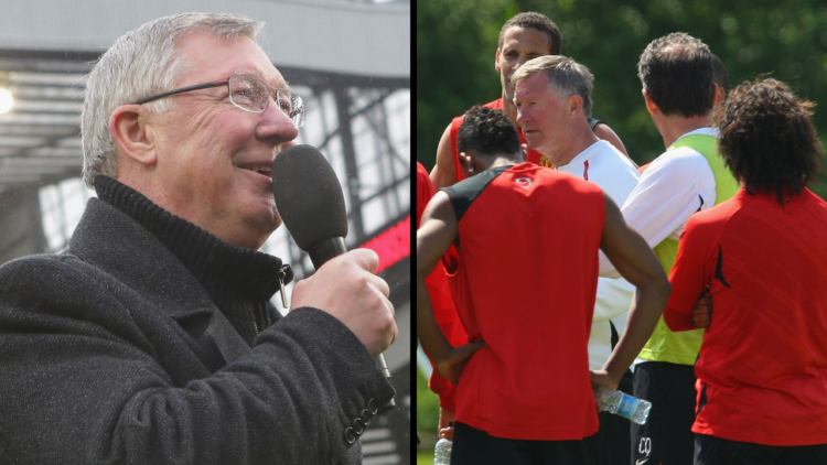 Manager Sir Alex Ferguson of Manchester United addresses the crowd after the Barclays Premier League match between Manchester United and Swansea at...