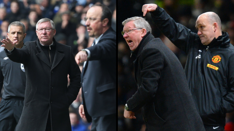 Managers Sir Alex Ferguson (L) and Rafael Benitez of Chelsea watch from the touchline during the FA Cup Sixth Round Replay match between Chelsea an...