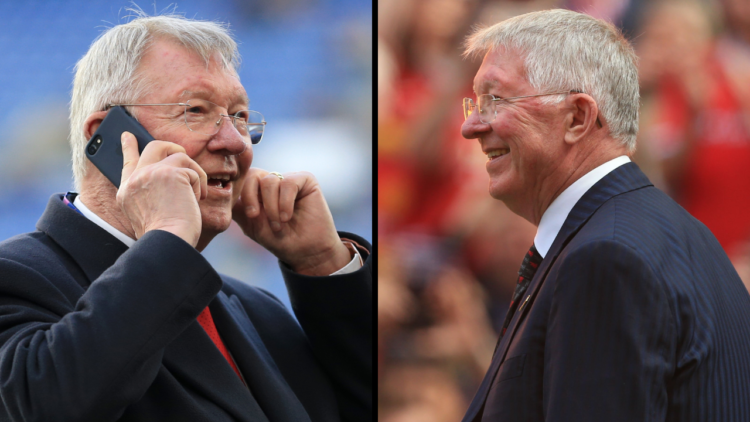 Former Man Utd manager Sir Alex Ferguson speaks on his mobile phone before the UEFA Champions League Quarter Final second leg match between FC Barc...