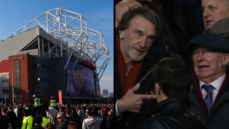 MANCHESTER, ENGLAND - JANUARY 14: Sir Jim Ratcliffe of INEOS talks to Sir Alex Ferguson in the directors box ahead of the Premier League match betw...