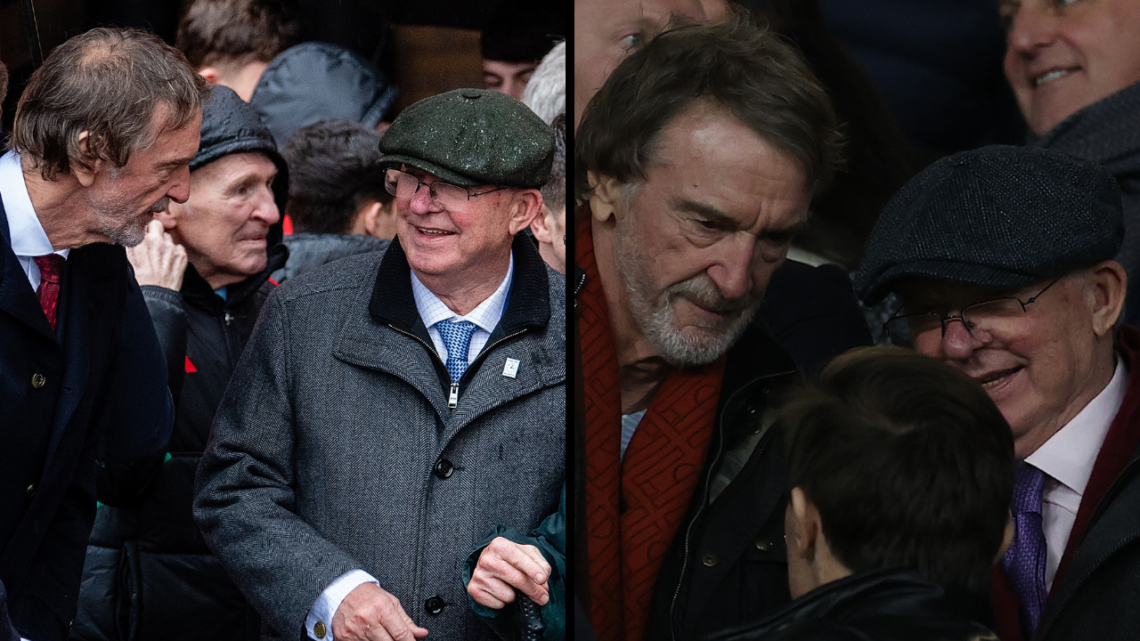MANCHESTER, ENGLAND - JANUARY 14: Sir Jim Ratcliffe of INEOS talks to Sir Alex Ferguson in the directors box ahead of the Premier League match betw...