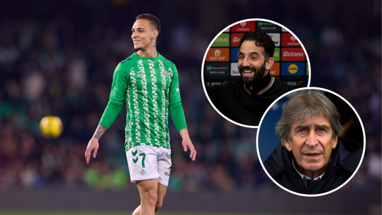 An image featuring Antony in a Real Betis kit, with two insets: one of Manuel Pellegrini and another of Ruben Amorim.
