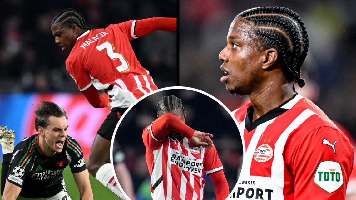 PSV defender Tyrell Malacia plays during the match between PSV and Arsenal at the Philips Stadium for the UEFA Champions League Round of 16 first l...