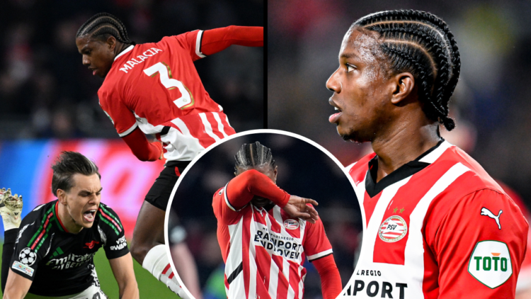 PSV defender Tyrell Malacia plays during the match between PSV and Arsenal at the Philips Stadium for the UEFA Champions League Round of 16 first l...