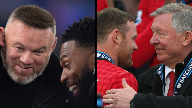MANCHESTER, ENGLAND - MAY 12: Manchester United Manager Sir Alex Ferguson congratulates Wayne Rooney following the Barclays Premier League match be...