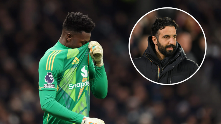 Manchester United goalkeeper Andre Onana, inset of head coach Ruben Amorim.