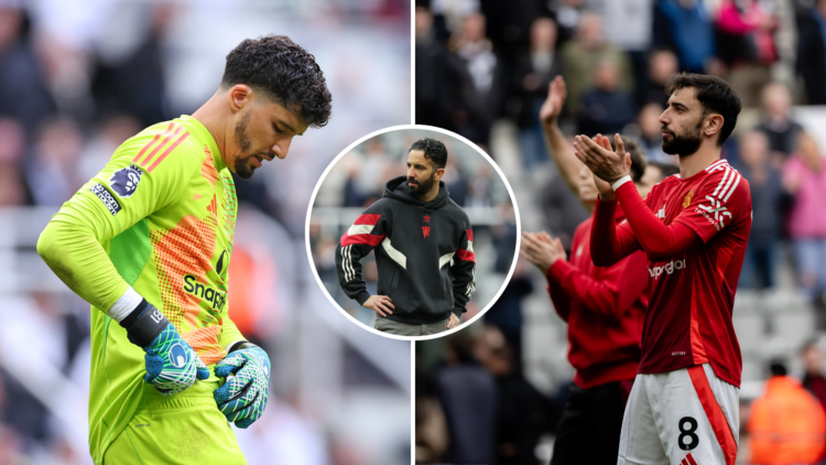 Ruben Amorim, Manager of Manchester United, looks dejected after defeat in the Premier League, Altay Bayindir of Manchester United during the Premi...