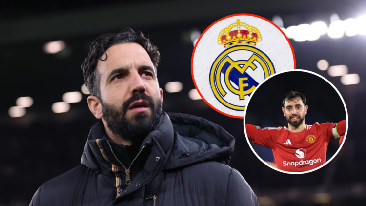 Ruben Amorim looks upwards while managing for Manchester United. Inset Bruno Fernandes celebrates with arms raised. Inset Real Madrid badge.