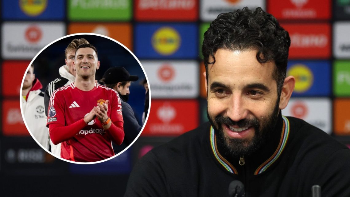 Manchester United manager Ruben Amorim speaks to the media following the UEFA Europa League 2024/25 Round of 16 Second Leg match. Inset, Harry Amas...
