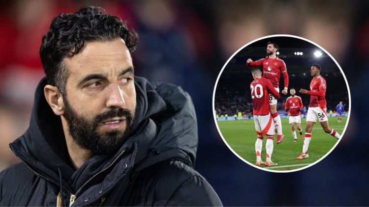 Manchester United's Ruben Amorim looks on during the Premier League match between Nottingham Forest FC and Manchester United FC. Inset, Bruno Ferna...
