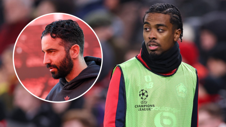 Angel Gomes wears training bib for Lille during Champions League clash. Inset Ruben Amorim arrives at City Ground in Manchester United tracksuit.