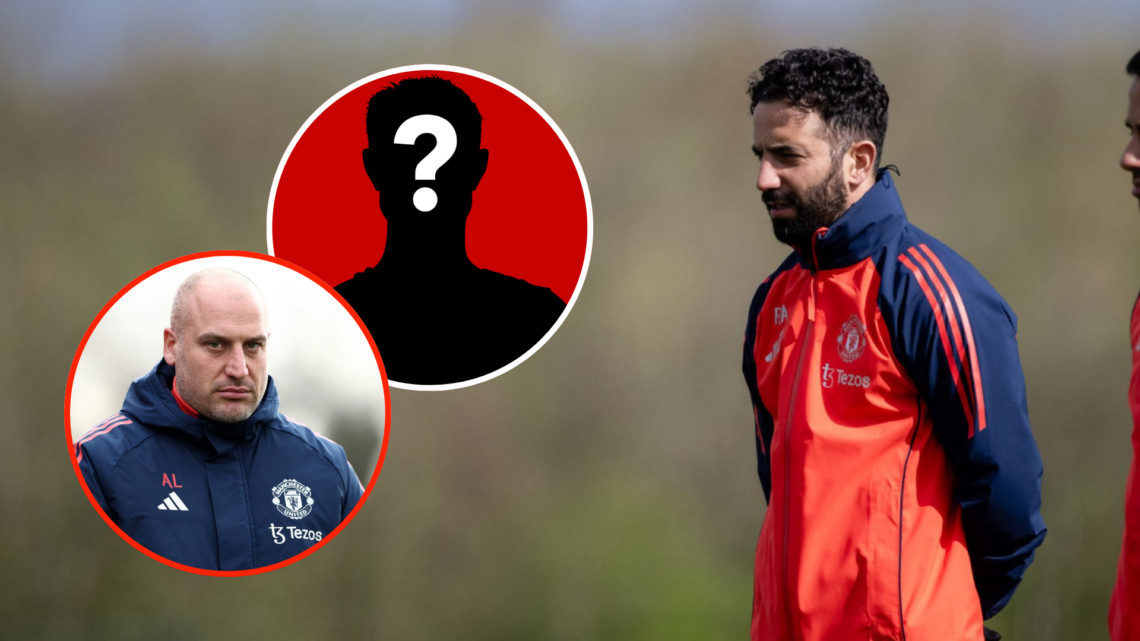 Ruben Amorim watching Manchester United in training from side profile. Inset Adam Lawrence looks toward camera in Manchester United coat. Inset mys...