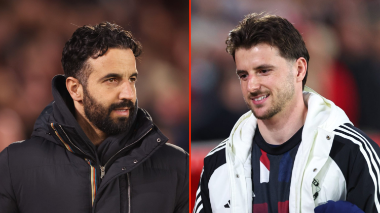 Split image of Mason Mount and Ruben Amorim both on sideline for Manchester United.