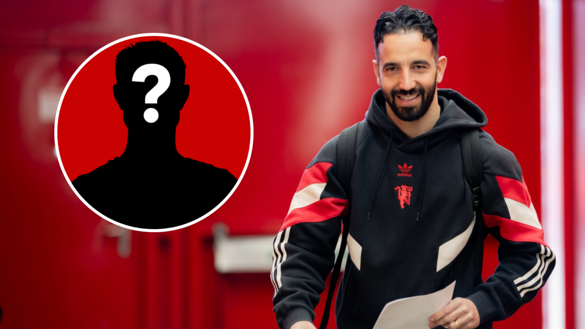 Ruben Amorim enters Old Trafford smiling. Inset mystery player icon.