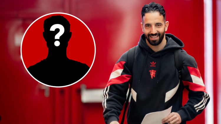 Ruben Amorim enters Old Trafford smiling. Inset mystery player icon.