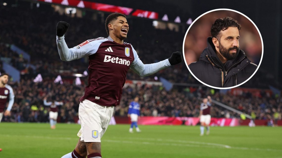 Marcus Rashford of Aston Villa celebrates after Marco Asensio (not pictured) scores a goal to make it 1-0 during the Emirates FA Cup Fifth Round ma...