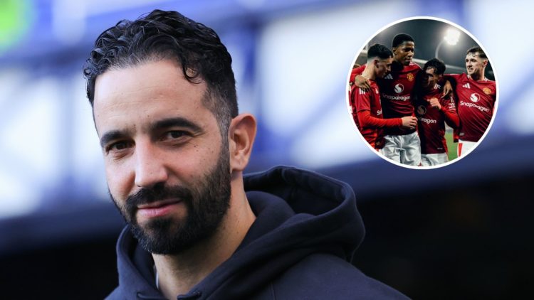 Ruben Amorim, head coach of Manchester United, during the Premier League match between Everton FC and Manchester United FC. Inset James Scanlon of ...