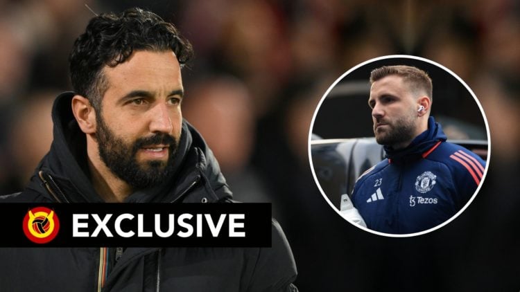 Ruben Amorim manages Manchester United during the Premier League match between Nottingham Forest and Manchester United. Inset, Luke Shaw.