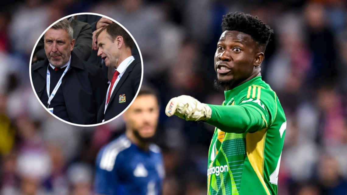 Manchester United goalkeeper Andre Onana in action, inset of directors Dan Ashworth and Jason Wilcox.