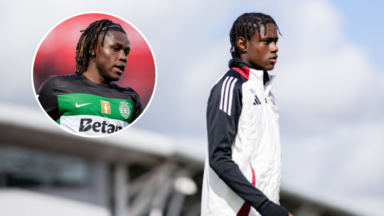 Manchester United's Bendito Mantato with Sporting's Geovany Quenda.