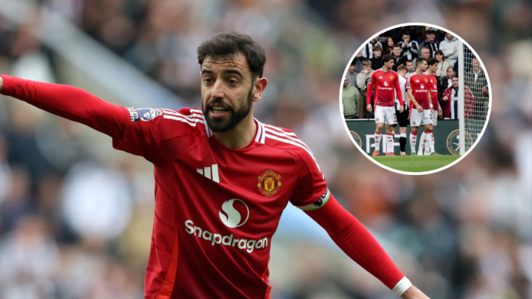 Manchester United captain Bruno Fernandes in action vs Newcastle, inset of Manchester United players.