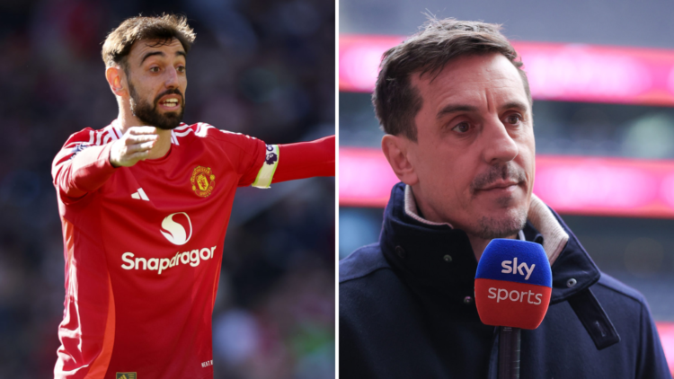 Split image of Manchester United captain Bruno Fernandes and Sky Sports pundit Gary Neville.