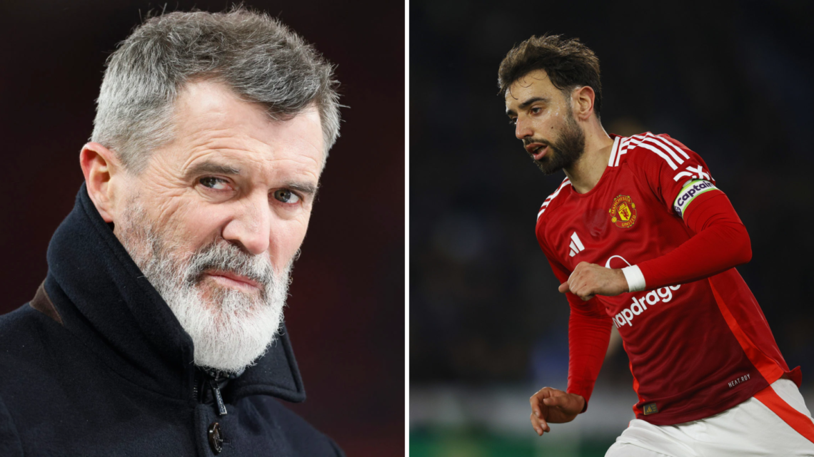 Split image of Manchester United legend Roy Keane and captain Bruno Fernandes.