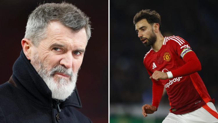 Split image of Manchester United legend Roy Keane and captain Bruno Fernandes.