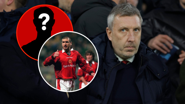 Jason Wilcox looks on from the stands during Manchester United match. Inset Eric Cantona gives a thumbs up while playing for Manchester United. Ins...