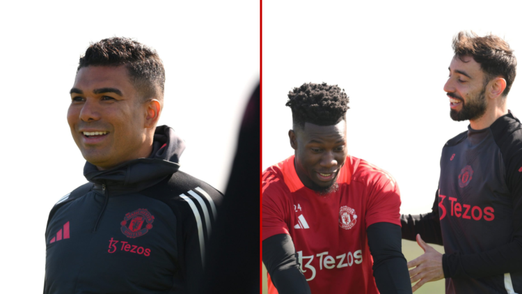 Split image of Casemiro in Manchester United training and Bruno Fernandes laughing with Andre Onana during training ahead of Europa League vs Lyon.