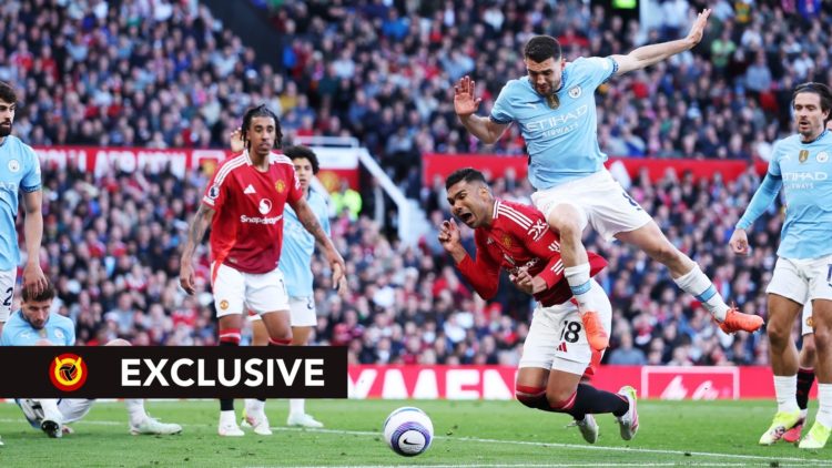 Image of Casemiro being challenged by Mateo Kovacic in the Manchester Derby with a United In Focus Exclusive Banner