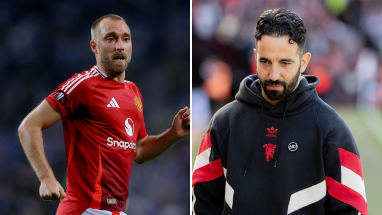 Split image of Manchester United star Christian Eriksen and head coach Ruben Amorim.