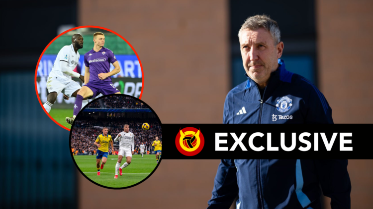 Jason Wilcox wearing Manchester United tracksuit walking toward camera. Inset Pietro Comuzzo challenges Romelu Lukaku for the ball. Inset Juan Herz...
