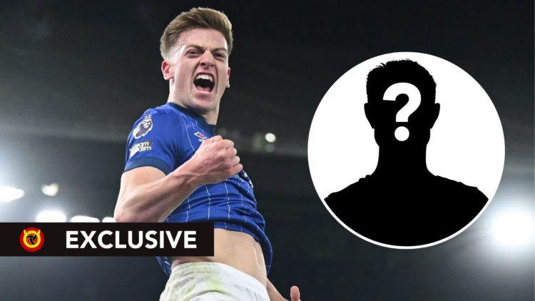 Image of Liam Delap playing for Ipswich Town with an inset of a mystery player and a exclusive United In Focus Banner