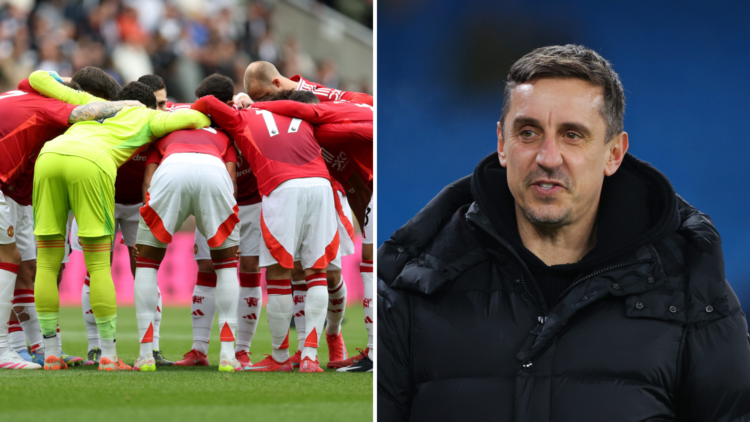 Split image of Manchester United players vs Newcastle and Sky Sports pundit Gary Neville.