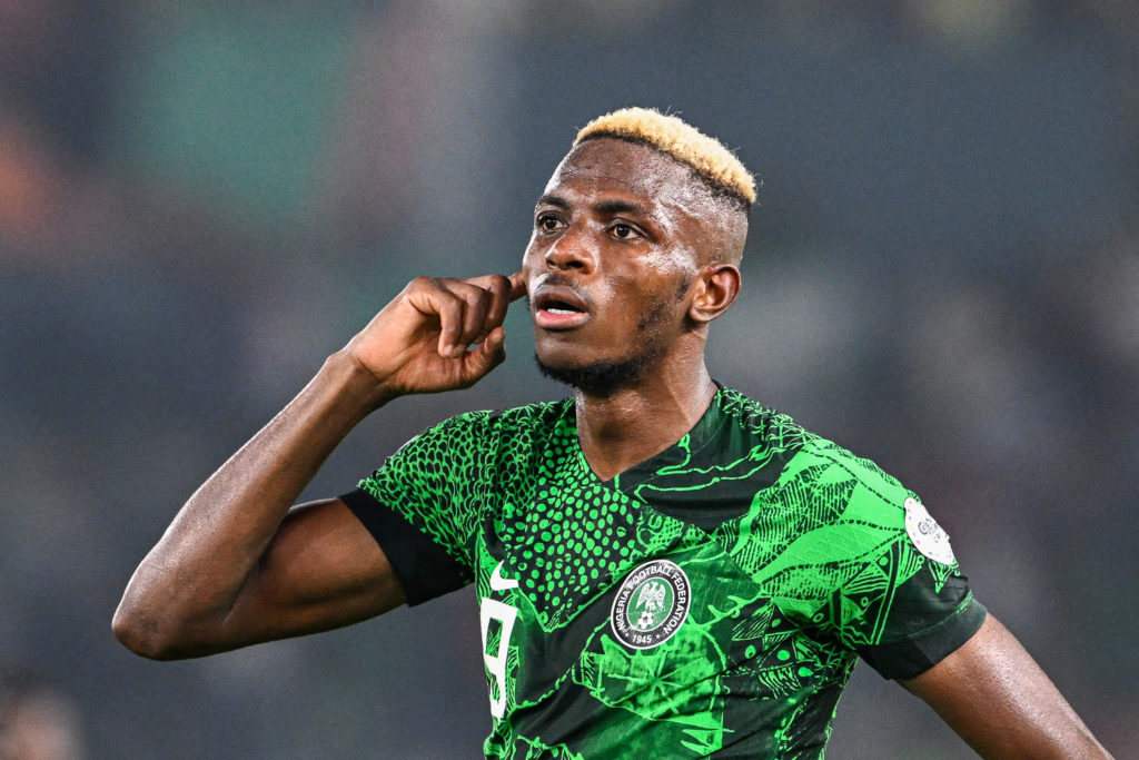 Victor Osimhen celebrates after the victory at the end of the Africa Cup of Nations (CAN) 2024 round of 16 football match between Nigeria and Cameroon