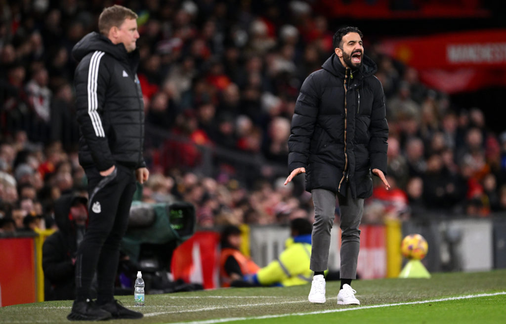 Ruben Amorim, Manager of Manchester United, reacts as Eddie Howe looks on during the Premier League match between Manchester United FC and Newcastle United FC at Old Trafford on December 30, 2024