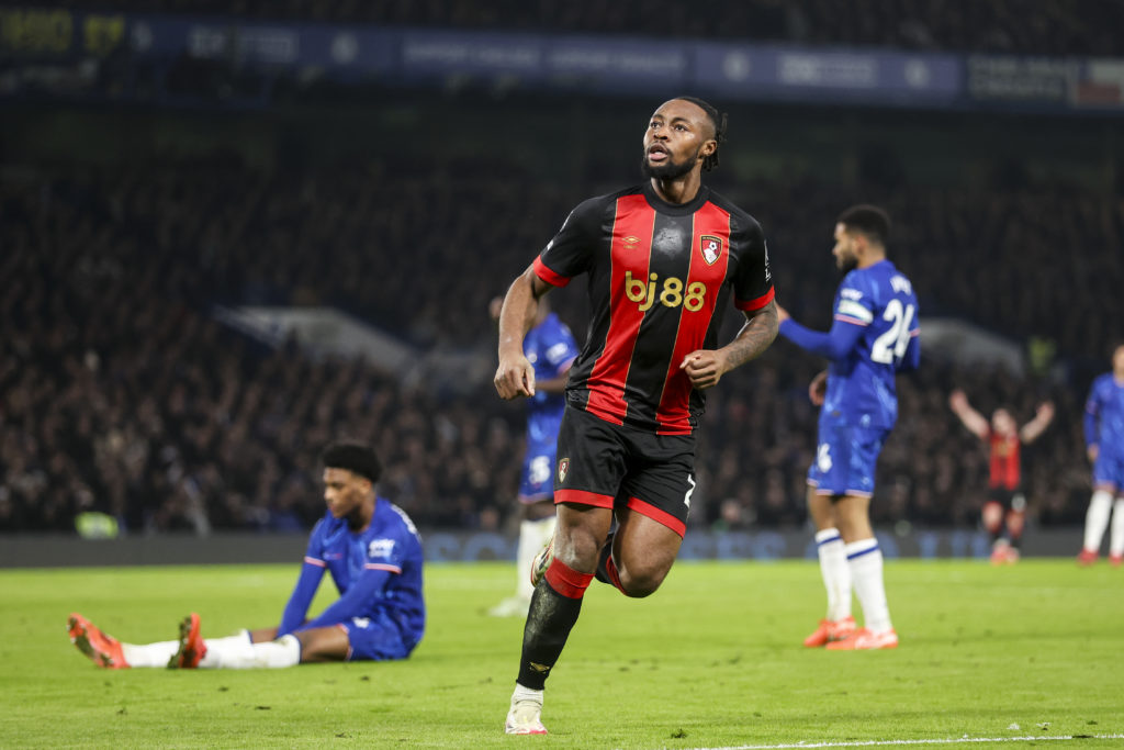 Antoine Semenyo of Bournemouth celebrates after scoring to make it 2-1 during the Premier League match between Chelsea FC and AFC Bournemouth at Stamford Bridge on January 14, 2025