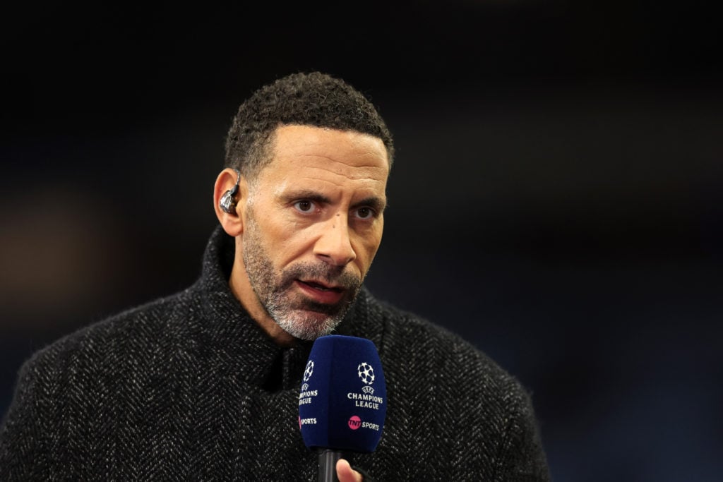 Manchester United legend Rio Ferdinand as a TV pundit for TNT Sports during the Champions League match between Aston Villa and Club Brugge at Villa Park in 2025 in Birmingham.